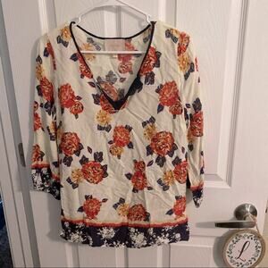 Skies are Blue Floral Peasant Top w/ Lace Detail Women's Size Small Rayon